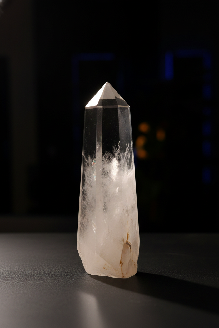 Clear Quartz Crystal Point with Internal Inclusions 800g Polished